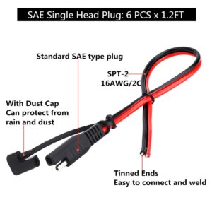 SAE Connector DC Power Extension Cable 16 AWG Automotive Battery Quick Disconnect Pigtail Wire Harness with Dust Cap (6 Pcs 1.2 Foot)