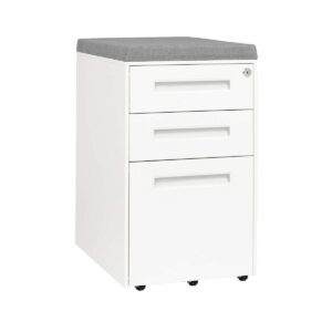 laura davidson furniture stockpile seated 3 drawer mobile file cabinet with removable magnetic cushion seat - metal filing cabinet, pre-assembled, white with grey cushion