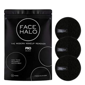 face halo reusable makeup remover pads, no product needed | gently removes makeup with just water, ultra-soft, eco-friendly, non-toxic, all skin types, replaces 500 single-use wipes | pro black 3-pack