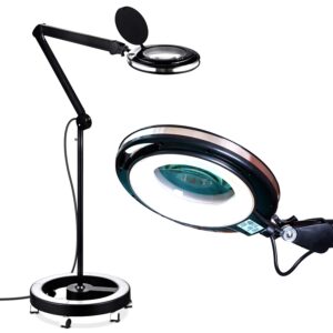 brightech lightview pro magnifying glass with stand & light, magnifying floor lamp with 6-wheel rolling base for facials & lashes – dimmable led work light for crafts, sewing, and projects - 5 diopter