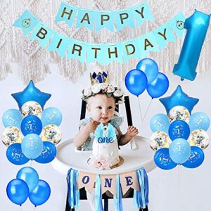 Baby 1st Birthday Boy Decorations with Crown High Chair Banner Cake Smash Party Supplies - Happy Birthday ONE Burlap Banner, No.1 Crown, Glitter Cake Topper