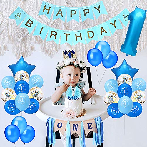 Baby 1st Birthday Boy Decorations with Crown High Chair Banner Cake Smash Party Supplies - Happy Birthday ONE Burlap Banner, No.1 Crown, Glitter Cake Topper