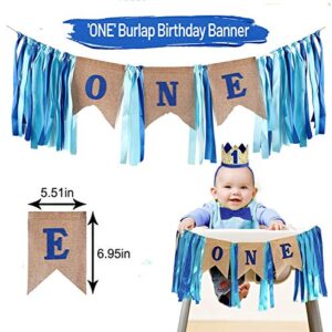 Baby 1st Birthday Boy Decorations with Crown High Chair Banner Cake Smash Party Supplies - Happy Birthday ONE Burlap Banner, No.1 Crown, Glitter Cake Topper