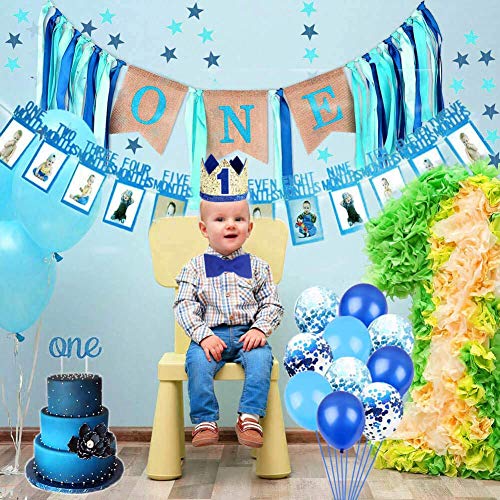 Baby 1st Birthday Boy Decorations with Crown High Chair Banner Cake Smash Party Supplies - Happy Birthday ONE Burlap Banner, No.1 Crown, Glitter Cake Topper