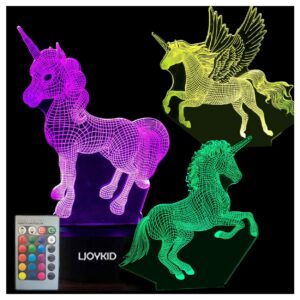 ljoykid 3pcs 3d unicorn night light——3d unicorn lamp 3 pattern 7 colors changing decor lamp with remote control for kids illusion bedside lamps ideal gifts for girls and unicorn lovers