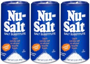 nu-salt sodium-free salt substitute (3 pack) contains potassium chloride, table salt alternative, vegan, good for chips, pretzels, french fries, popcorn seasoning, 3oz shaker bottle