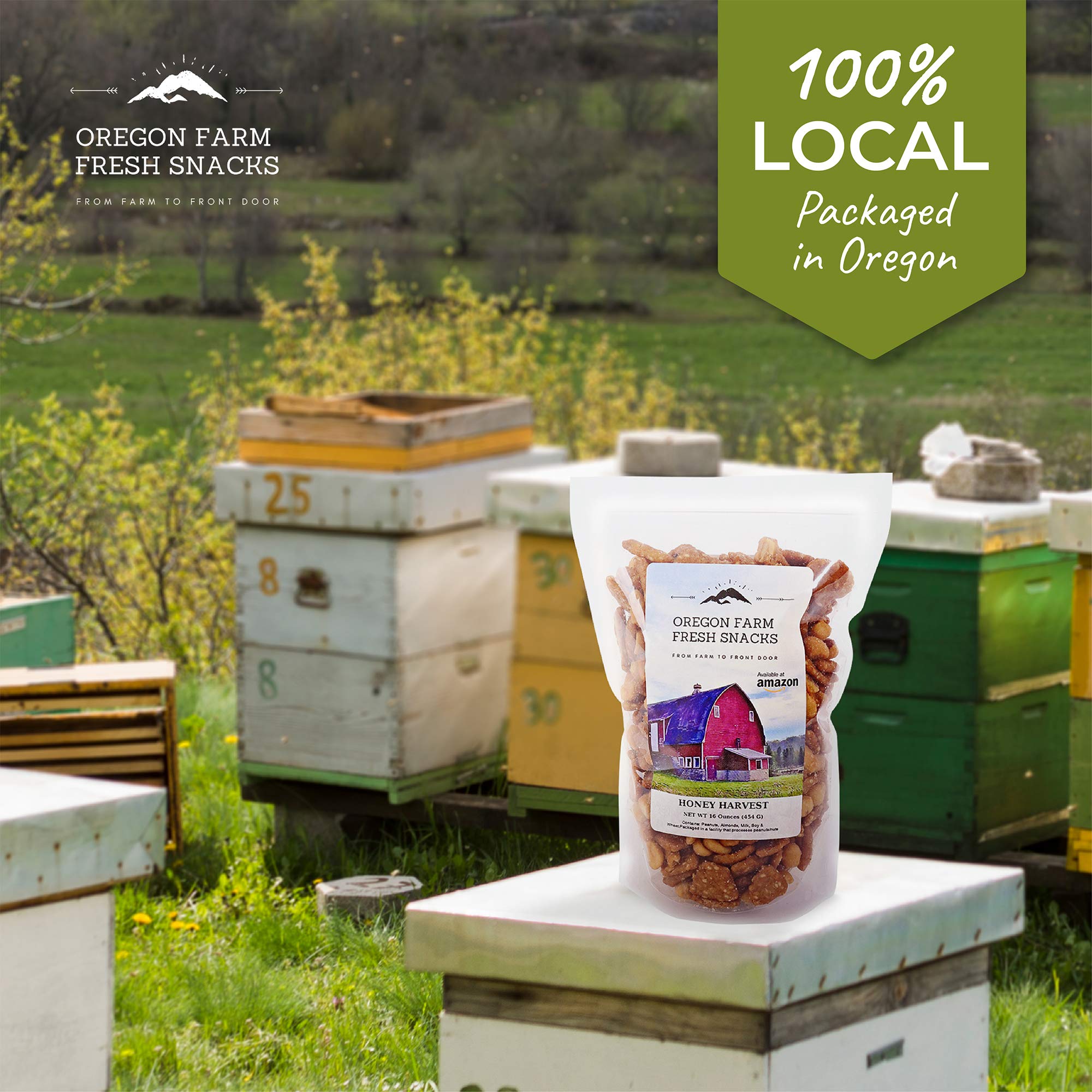 Oregon Farm Fresh Snacks Honey Roasted Nuts and Crackers Mix - Locally Made Honey Roasted Sesame Sticks and Nuts Mix - Enjoy The Perfect Mix of Sweet & Salty - Honey Roasted Mixed Nuts (16oz)