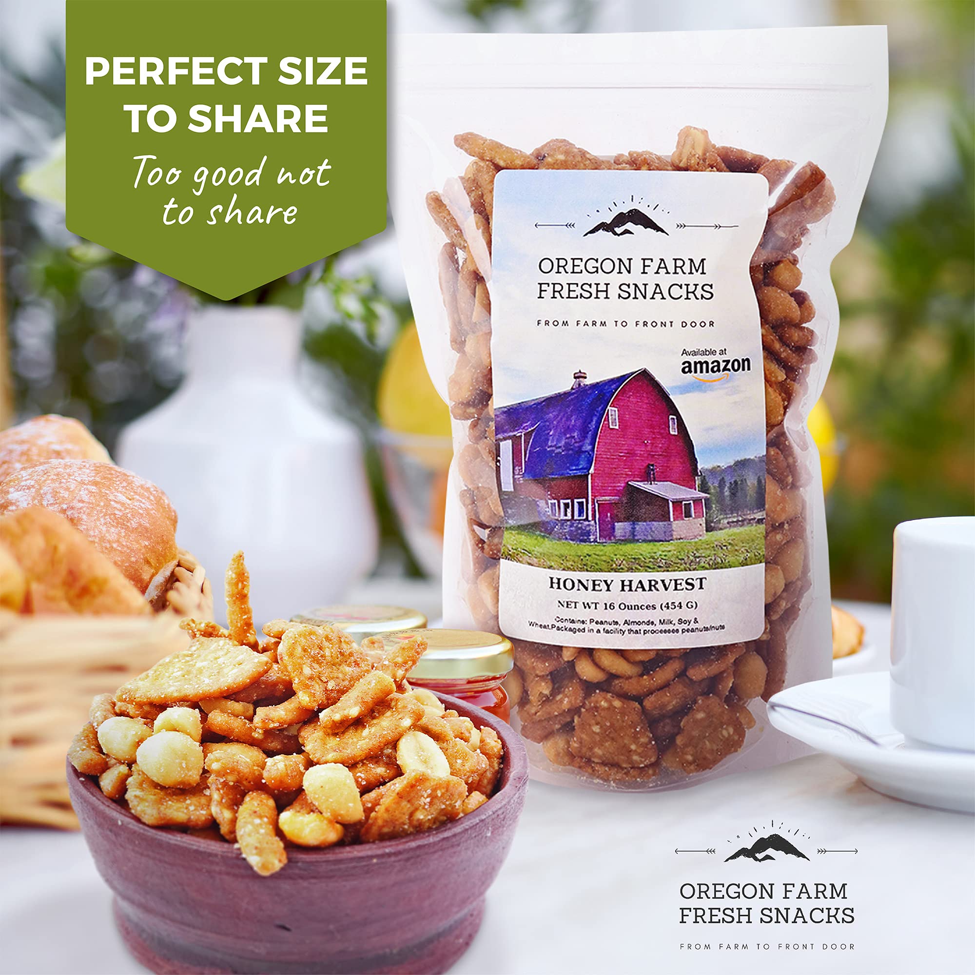 Oregon Farm Fresh Snacks Honey Roasted Nuts and Crackers Mix - Locally Made Honey Roasted Sesame Sticks and Nuts Mix - Enjoy The Perfect Mix of Sweet & Salty - Honey Roasted Mixed Nuts (16oz)