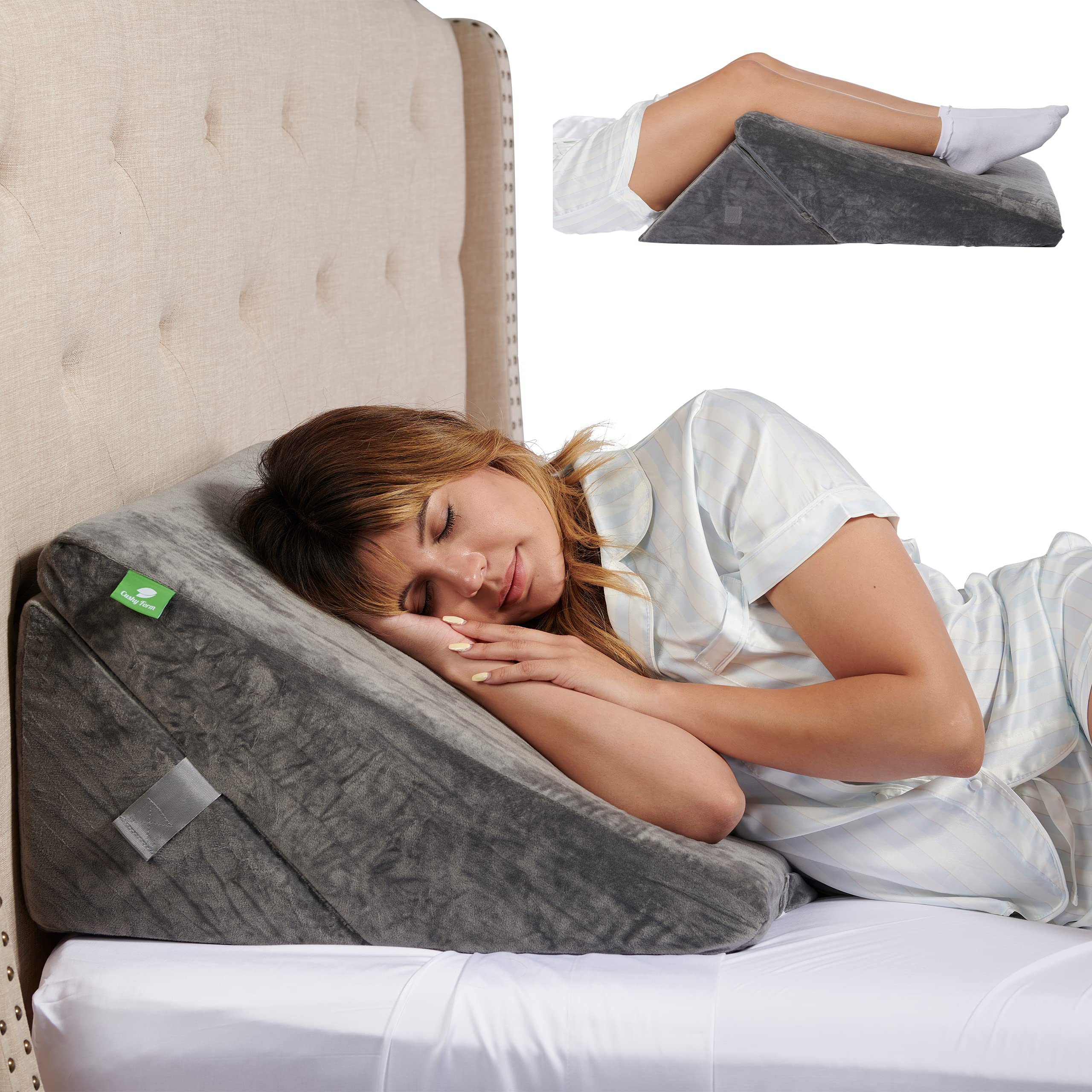 Cushy Form Wedge Pillows for Sleeping - Multipurpose Memory Foam Bed Support Rest & Knee Pillow for Back, Neck & Post-Surgery, Versatile Snoring Relief Back Pillow for Bed - Gray﻿