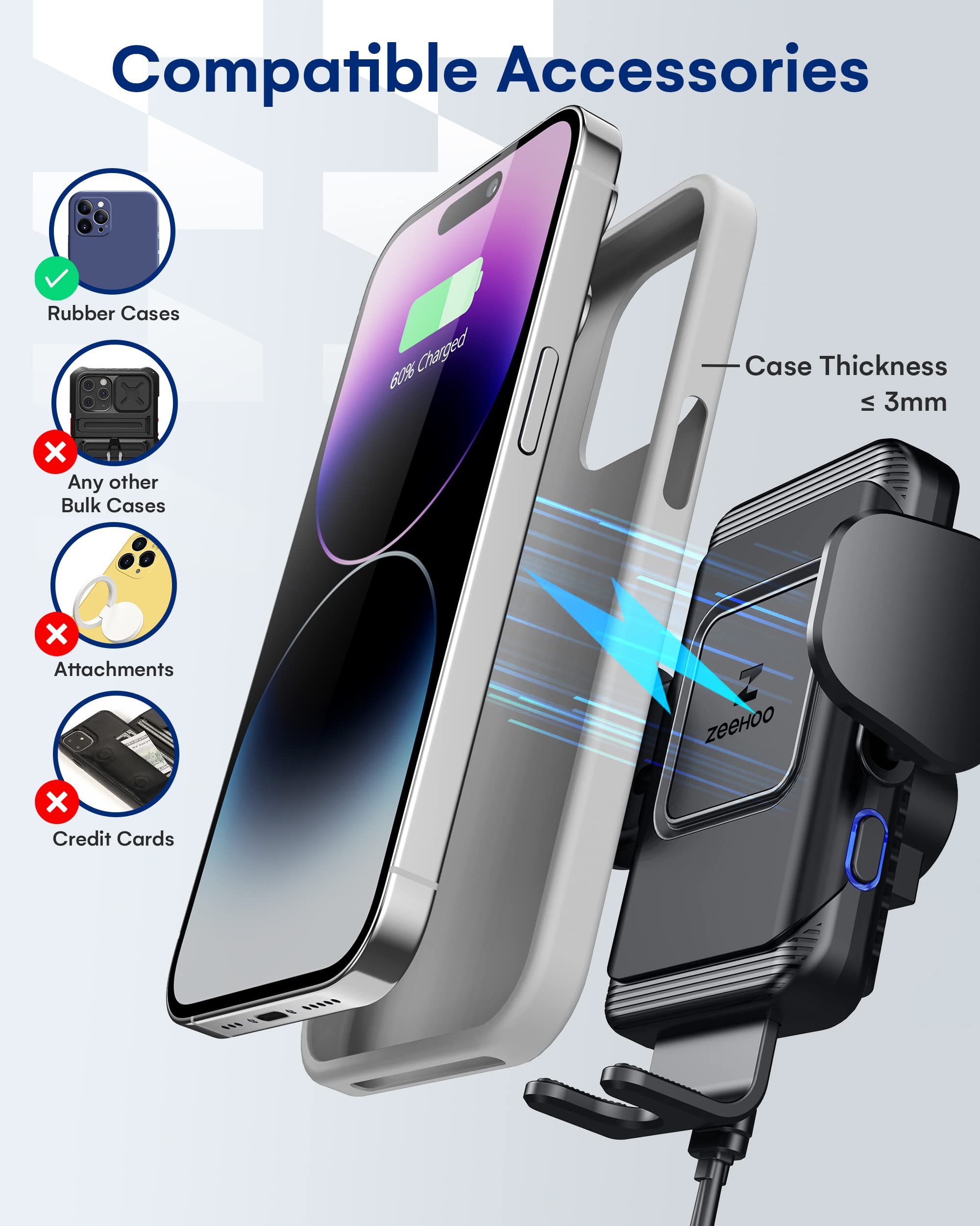 ZeeHoo Wireless Car Charger,15 W Fast Charging Auto-Clamping Car Mount,Windshield Dash Air Vent Phone Holder for iPhone 14 13 12 Mini 11 Pro Max XS XR 8,Samsung S22 S21 S20 Note 20 10 9 8