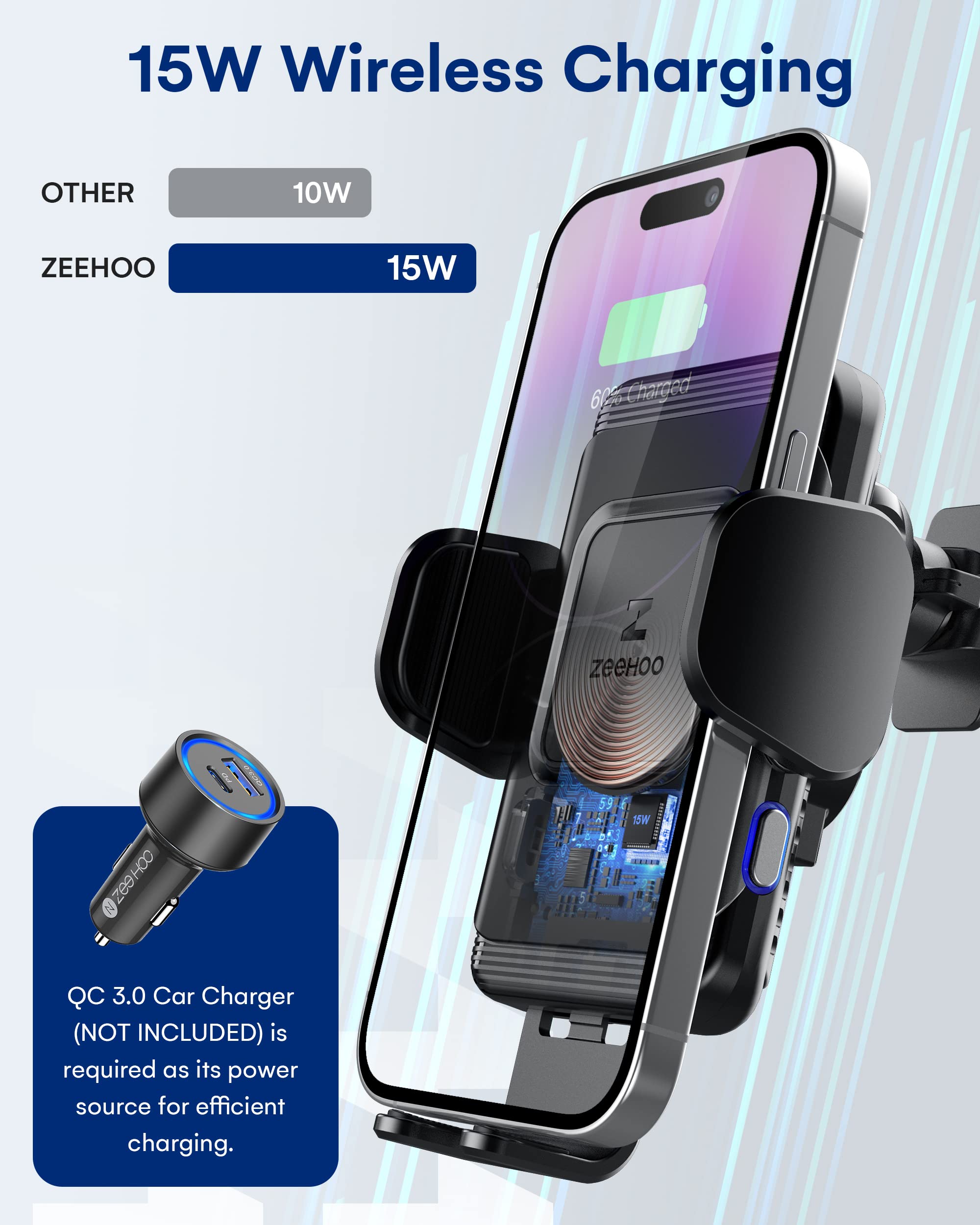 ZeeHoo Wireless Car Charger,15 W Fast Charging Auto-Clamping Car Mount,Windshield Dash Air Vent Phone Holder for iPhone 14 13 12 Mini 11 Pro Max XS XR 8,Samsung S22 S21 S20 Note 20 10 9 8