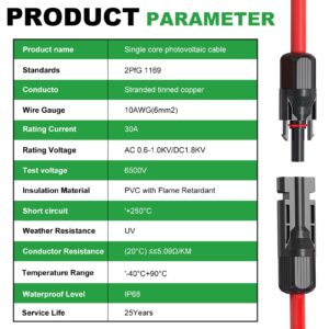 Oududianzi 30 Feet 10AWG Solar Extension Cable, Solar Panel Extension Cable with Solar Panel Connectors, Solar Panel Wire for Solar Systems, Car, RV and Boats (30FT Red + 30FT Black)