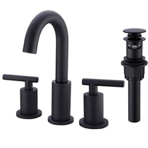 trustmi 2-handle 8 inch widespread bathroom sink faucet with pop up drain and cupc faucet supply hoses, matte black basin faucet mixer taps