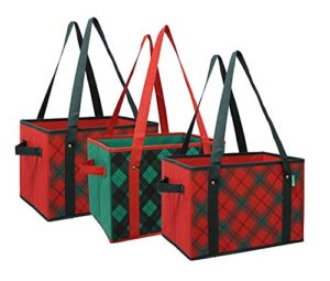 earthwise deluxe collapsible reusable shopping box grocery bag set with reinforced bottom plaid holiday xmas christmas design storage boxes bins cubes (set of 3) (holiday)
