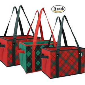 Earthwise Deluxe Collapsible Reusable Shopping Box Grocery Bag Set with Reinforced Bottom Plaid Holiday Xmas Christmas Design Storage Boxes Bins Cubes (Set of 3) (Holiday)