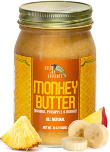 green jay gourmet monkey butter - all-natural, gluten-free banana butter - pineapple spread with bananas & mango - gourmet fruit butter - no corn syrup, preservatives or trans-fats - 19 ounces