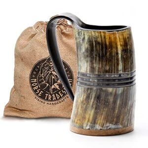 norse tradesman lg viking drinking horn mug - 100% authentic beer horn tankard with hardwood bottom & ring engravings | the eternal, low polish, approx. 16 oz