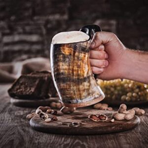Norse Tradesman LG Viking Drinking Horn Mug - 100% Authentic Beer Horn Tankard With Hardwood Bottom & Ring Engravings | The Eternal, Low Polish, approx. 16 oz