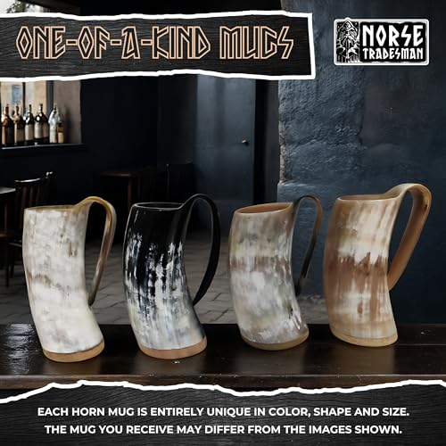 Norse Tradesman LG Viking Drinking Horn Mug - 100% Authentic Beer Horn Tankard With Hardwood Bottom & Ring Engravings | The Eternal, Low Polish, approx. 16 oz