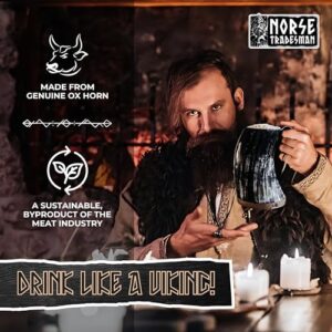 Norse Tradesman LG Viking Drinking Horn Mug - 100% Authentic Beer Horn Tankard With Hardwood Bottom & Ring Engravings | The Eternal, Low Polish, approx. 16 oz