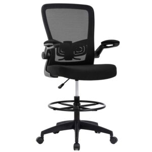 drafting chair tall office chair adjustable height with lumbar support flip up arms footrest mid back task mesh desk chair computer chair drafting stool for standing desk, black