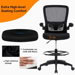 Drafting Chair Tall Office Chair Adjustable Height with Lumbar Support Flip Up Arms Footrest Mid Back Task Mesh Desk Chair Computer Chair Drafting Stool for Standing Desk, Black