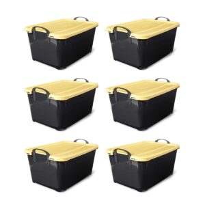 life story 55 quart plastic stackable storage unit bin with lid and handles for home garage organization, black and yellow (6 pack)