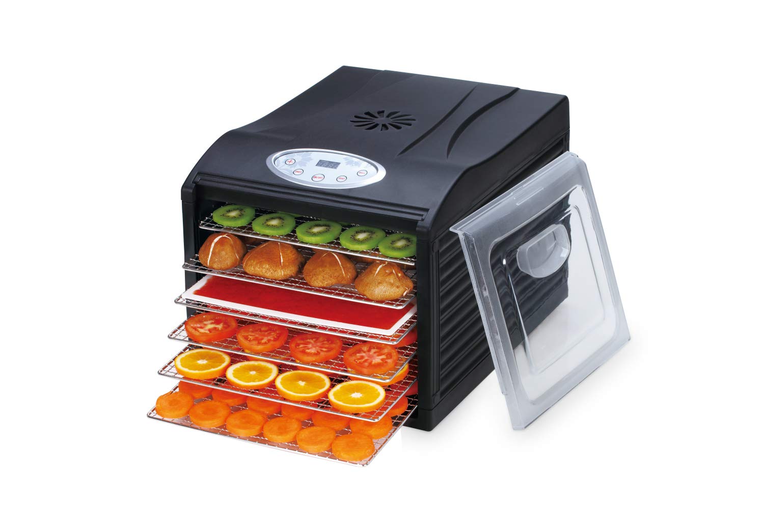 Samson"Silent" Dehydrator with 6 STAINLESS STEEL Trays and Digital Timer and Temperature Control for Fruit, Vegetables, Beef Jerky, Herbs, Dog Treats, Fruit Leathers and More