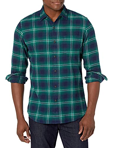 Amazon Essentials Men's Slim-Fit Long-Sleeve Plaid Flannel Shirt (Limited Edition Colors), Green Navy Plaid, Medium