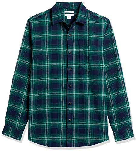 Amazon Essentials Men's Slim-Fit Long-Sleeve Plaid Flannel Shirt (Limited Edition Colors), Green Navy Plaid, Medium