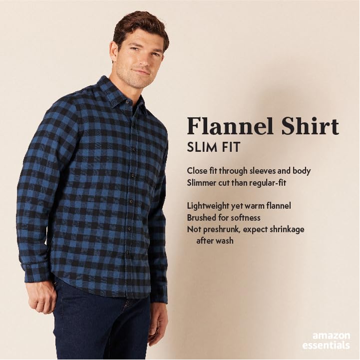 Amazon Essentials Men's Slim-Fit Long-Sleeve Plaid Flannel Shirt (Limited Edition Colors), Green Navy Plaid, Medium