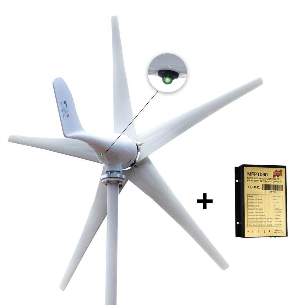 Marsrock 400W Windmill 24V AC with Charging LED Small Wind Turbine Generator MPPT Controller for Wind Solar Hybrid System 2m/s Low Start Wind Speed with 5 Blades(5S-400H-24W)