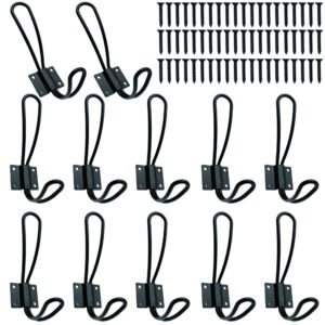 hajoyful rustic entryway hooks-12 pack farmhouse hooks with metal screws included, black decorative wall mounted rustic coat hooks rack, double vintage organizer hanging wire hook clothes hanger
