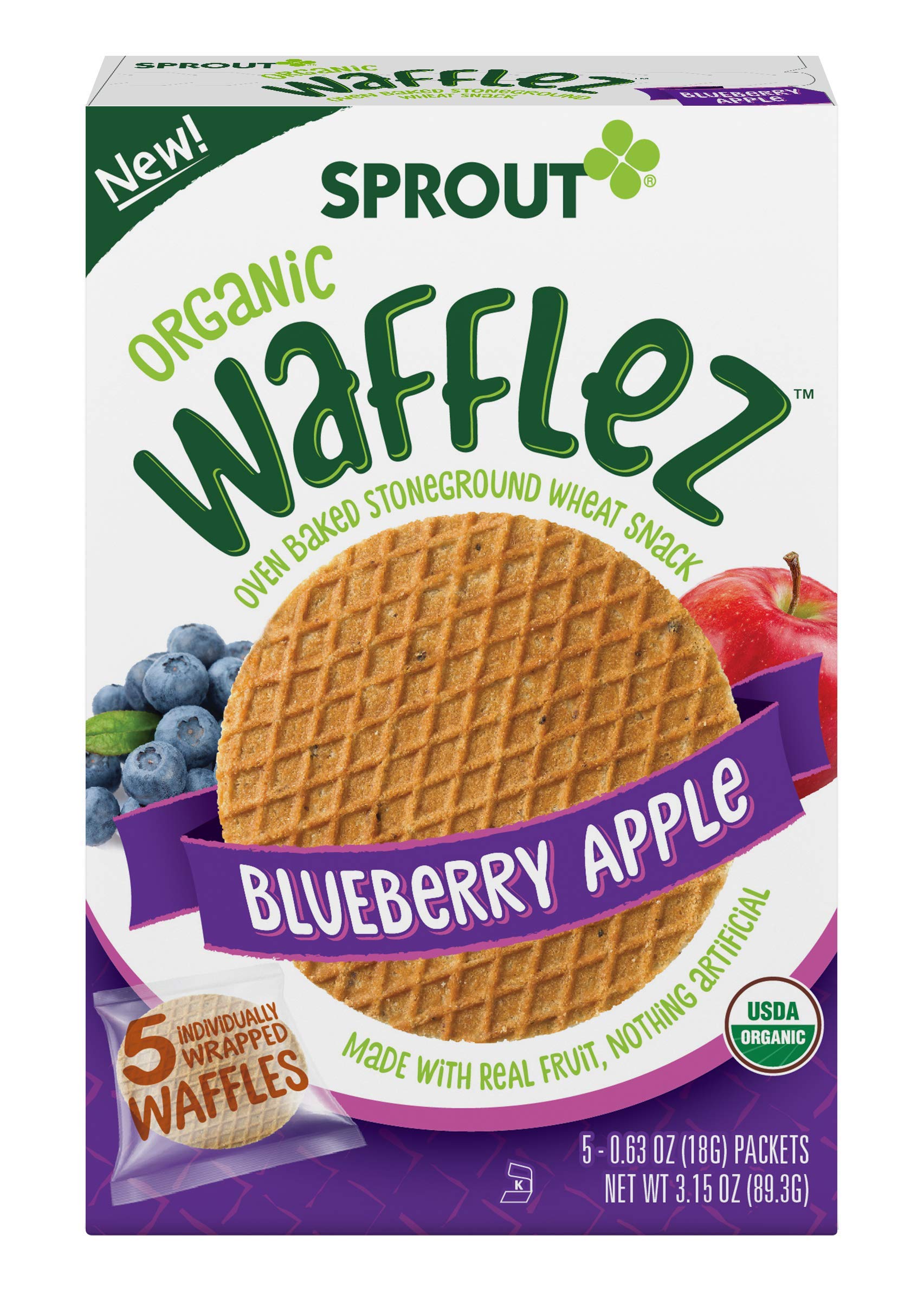 Sprout Organic Baby Food, Stage 4 Toddler Snacks, Blueberry Apple Wafflez, Single Serve Waffles 5 Count(Pack of 10)