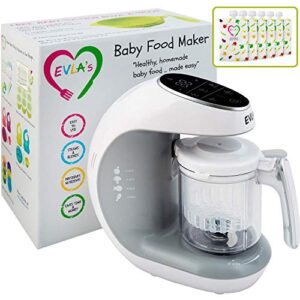 evla's baby food maker, healthy homemade baby food in minutes, steamer, blender, baby food processor, touch screen control, includes 6 reusable food pouches for storage or travel, white
