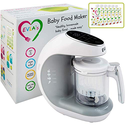 EVLA'S Baby Food Maker, Healthy Homemade Baby Food in Minutes, Steamer, Blender, Baby Food Processor, Touch Screen Control, includes 6 Reusable Food Pouches for Storage or Travel, White