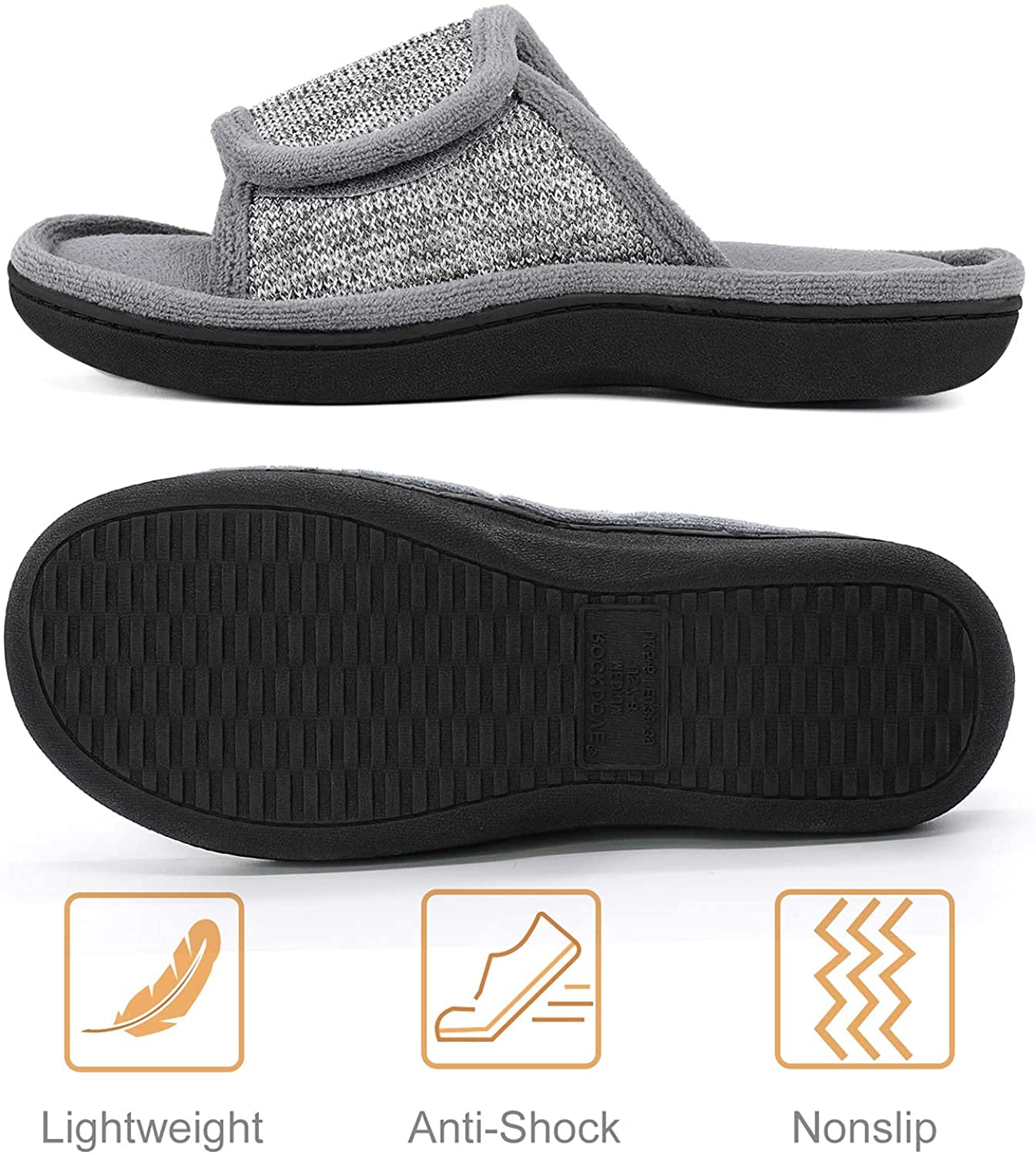 RockDove Men's Adjustable Wrap Memory Foam Slide Slipper, Size 11-12 US Men, Grey