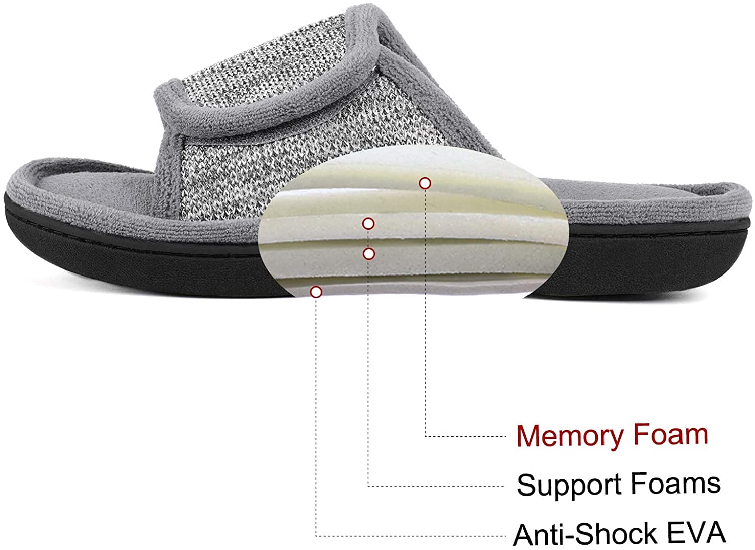 RockDove Men's Adjustable Wrap Memory Foam Slide Slipper, Size 11-12 US Men, Grey