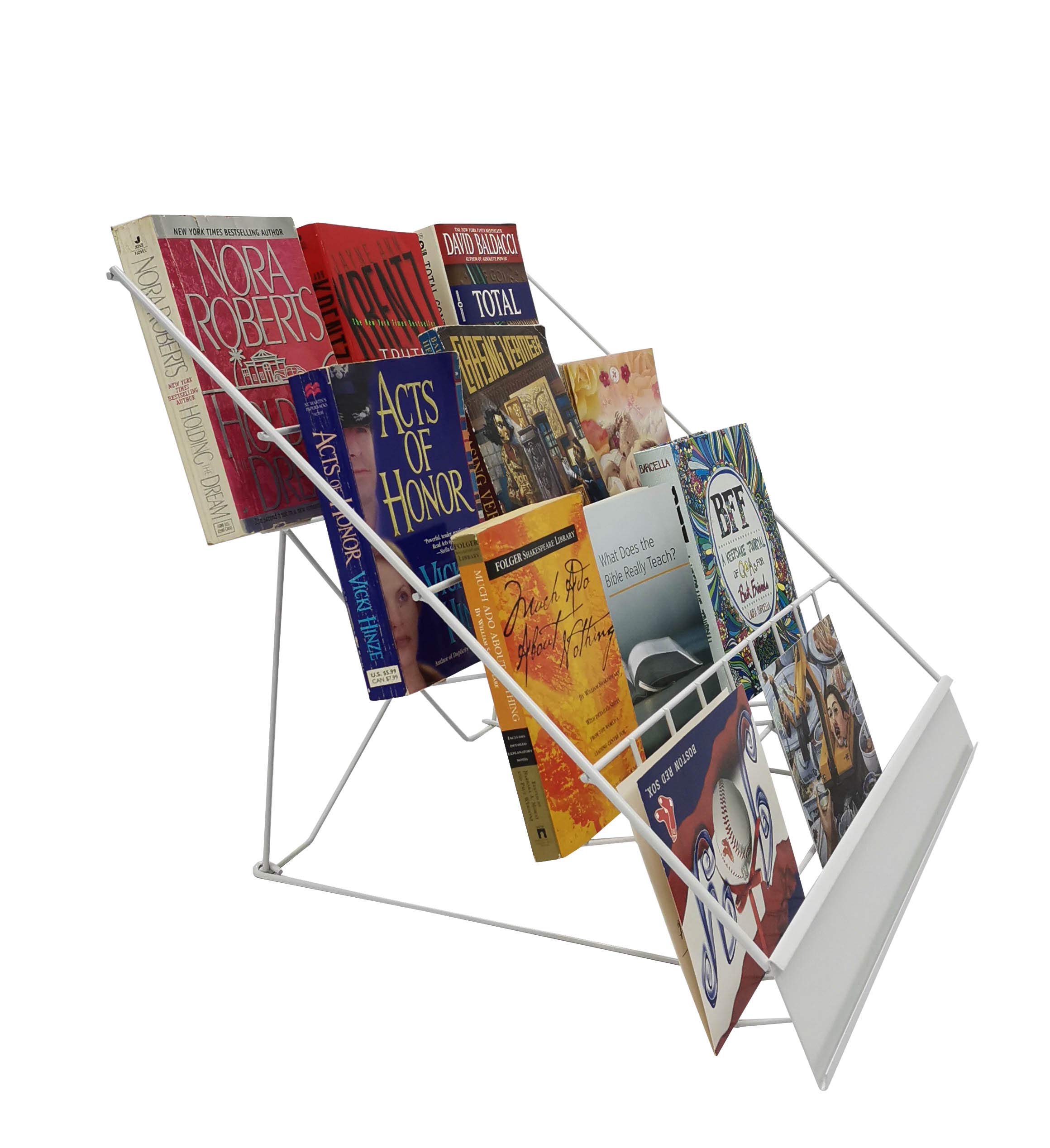 FixtureDisplays® 4-Tiered 18" Wire Display Rack Literature Brochure Magazine Stand Book Tabletop Rack, 2.5" Deep Open Shelves 11936-2WHITE