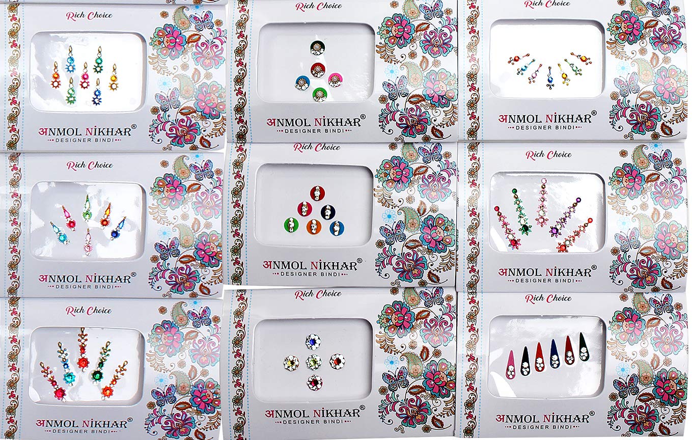 Avador Pack of 25 Assorted Bindi Multiple Sizes Multiple Designs Bollywood Indian Bride for Forehead