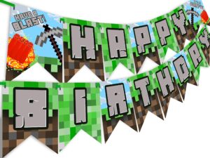 gaming pixel blast happy birthday banner - pixel party supplies - miner party decorations - blast