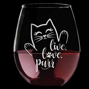 Cat Lovers Engraved Live Love Purr Stemless Wine Glass Kitchen Decor Cat Lady Accessories Birthday Mothers Day Fathers Gifts for Women Men