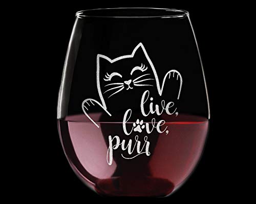 Cat Lovers Engraved Live Love Purr Stemless Wine Glass Kitchen Decor Cat Lady Accessories Birthday Mothers Day Fathers Gifts for Women Men