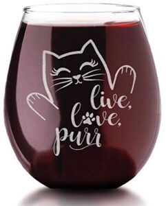 cat lovers engraved live love purr stemless wine glass kitchen decor cat lady accessories birthday mothers day fathers gifts for women men