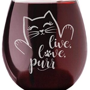 Cat Lovers Engraved Live Love Purr Stemless Wine Glass Kitchen Decor Cat Lady Accessories Birthday Mothers Day Fathers Gifts for Women Men