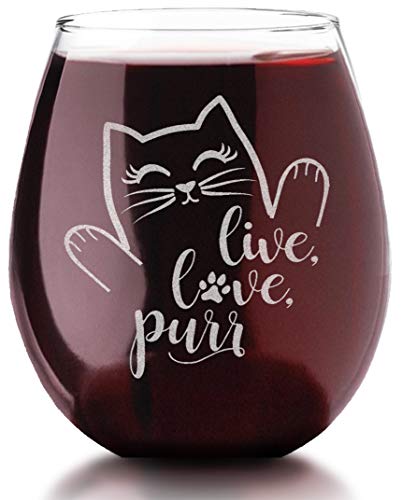 Cat Lovers Engraved Live Love Purr Stemless Wine Glass Kitchen Decor Cat Lady Accessories Birthday Mothers Day Fathers Gifts for Women Men