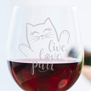 Cat Lovers Engraved Live Love Purr Stemless Wine Glass Kitchen Decor Cat Lady Accessories Birthday Mothers Day Fathers Gifts for Women Men