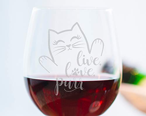 Cat Lovers Engraved Live Love Purr Stemless Wine Glass Kitchen Decor Cat Lady Accessories Birthday Mothers Day Fathers Gifts for Women Men