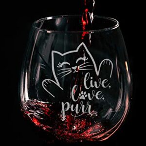 Cat Lovers Engraved Live Love Purr Stemless Wine Glass Kitchen Decor Cat Lady Accessories Birthday Mothers Day Fathers Gifts for Women Men