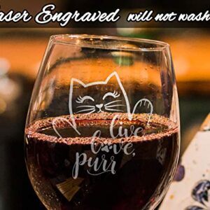 Cat Lovers Engraved Live Love Purr Stemless Wine Glass Kitchen Decor Cat Lady Accessories Birthday Mothers Day Fathers Gifts for Women Men